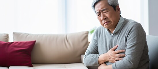 Asian senior experiencing stomach discomfort in his room.