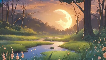 Treading carefully through dewy grass, came across small stream that glimmered under moons watchful eye. water flowed peacefully, mirroring bright moon above fireflies 2d animation