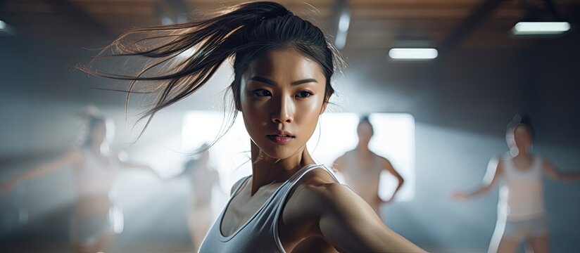 Asian girl executing contemporary dance in a fitness studio alongside fellow dancers
