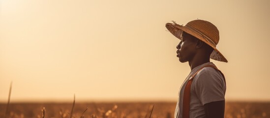 A young African farm worker, carrying a hoe and shielding his eyes from the bright sun, surveys his field. - obrazy, fototapety, plakaty