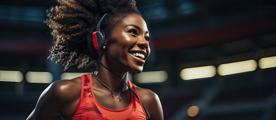 Black woman running on stadium track using fitness smartwatch to track heart rate, time, and progress for cardio workout goals. - obrazy, fototapety, plakaty