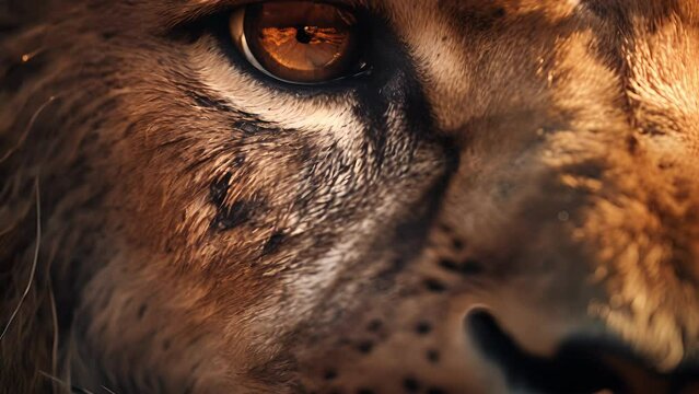 A closeup of a lions powerful and stoic eye, framed by its magnificent whiskers and dark fur.