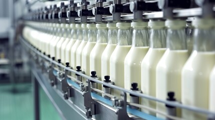 Obraz premium Factory Milk Bottling Line at Dairy Production Plant Glass bottles with a dairy product on a production line