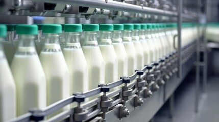 Obraz premium Factory Milk Bottling Line at Dairy Production Plant Glass bottles with a dairy product on a production line