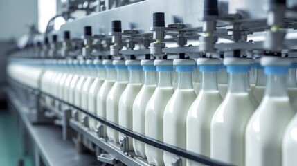 Obraz premium Factory Milk Bottling Line at Dairy Production Plant Glass bottles with a dairy product on a production line