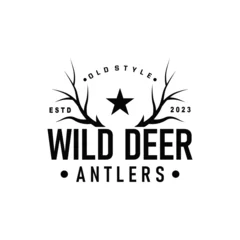 Deurstickers Deer logo, vintage wild deer hunter design deer antlers Product brand illustration © Mayliana