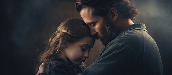 Father and daughter praying, hugging on Father's Day, as a united family.