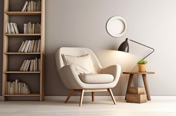 Minimalist Reading Nook in a Modern Room with a Comfortable Chair, Bookshelf, and desk Lamp. Reading Corner Design Ideas