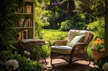 Outdoor reading nook in a garden setting with a comfortable chair and a pillow surrounded by lush greenery, and soft natural light. Include a bookshelf, and opened book on the table. Reading corner 