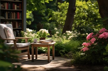Outdoor reading nook in a garden setting with a comfortable chair surrounded by lush greenery, blooming flowers, and soft natural light. Include a bookshelf, and books on the table