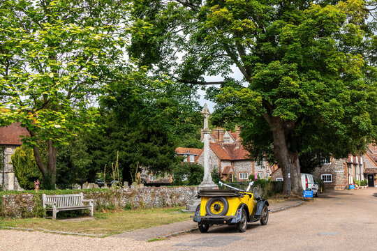 Vintage car outside the church in Hambleden,