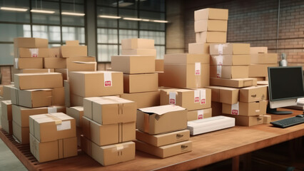 Cardboard boxes with parcels from online stores in delivery service office. Express delivery with modern accounting and distribution facilities. Optimization storage systems for efficient product