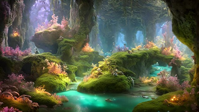 enter Glowing Grotto Whispers, transported world mystery wonder. walls alive with colorful mosses glowing lichen, their soft hues painting cavern dreamlike palette. 2d animation