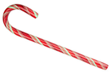 Candy Cane. Red and green color of candy. Sweet, sugar twisted lollipop. Traditional spearmint, mint candy cane. Christmas. Decoration on Merry Christmas, Xmas and Happy New Year. Isolated Background.