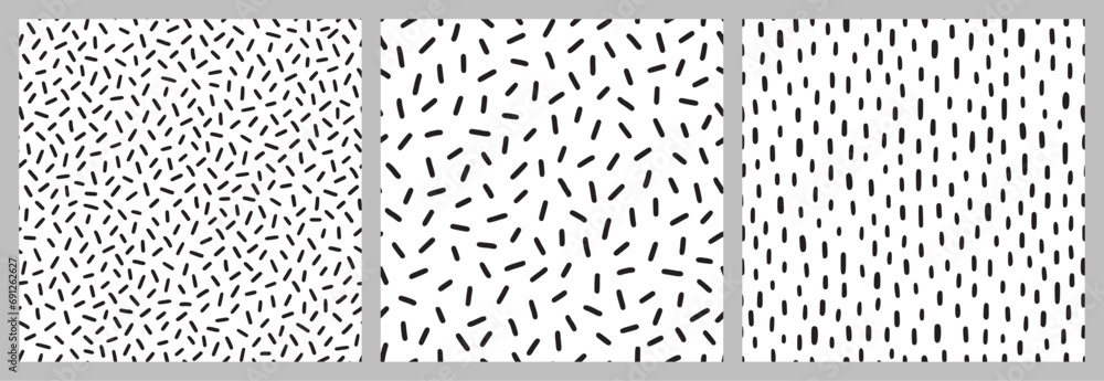 Poster Small dash pattern on white background set. Hand drawn small black dash seamless pattern. Simple minimal abstract, geometric texture design seamless background. Vector illustration