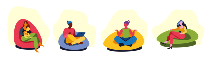 Girls in soft chairs, bright vector illustration, hand drawn