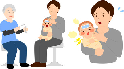 ウィルス検査を受ける病気の赤ちゃんとお父さん