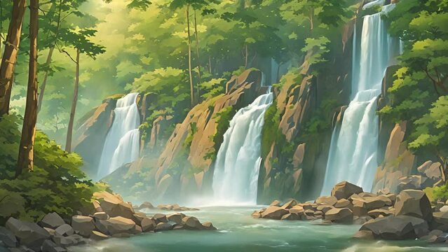 center peaceful forest, waterfall emerges from rocky cliff face, clear waters tumbling over smooth stones. sound rushing water fills air, waterfall symbolizes continuous 2d animation