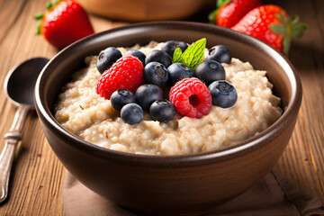 Bowl Of Oatmeal Breakfast With Strawberries And Blueberries
