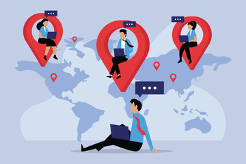 businessman and businessoman working remotely with computer laptop on location map pin 2d vector illustration concept