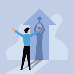 Businessman watches his shadow holding a trophy. Success - winning 2d vector illustration concept