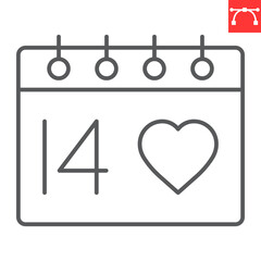 Valentines day calendar line icon, love and holiday, calendar vector icon, vector graphics, editable stroke outline sign, eps 10.