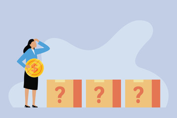 Businesswoman holding a coin thinking which investment to choose