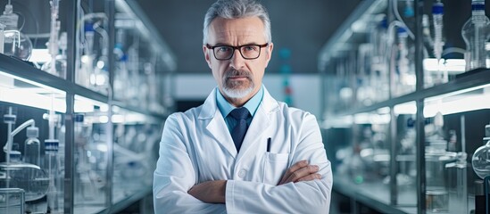 Biochemist posing with crossed arms in lab, gazing at camera.
