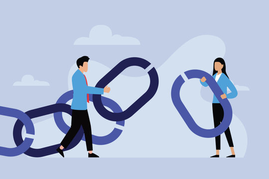 Businessman holding a chain and businesswoman with a missing link 2d vector illustration