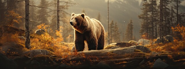A big brown bear in the morning forest in search of food. Wildlife. - obrazy, fototapety, plakaty
