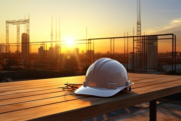 Silhouettes of the construction of new buildings with tower cranes. In the foreground is a construction helmet on a wooden table.