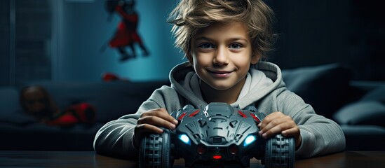 Boy with remote-controlled sports car toy and joystick. - obrazy, fototapety, plakaty