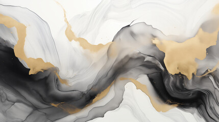 Ink Washes of Black, Gold, and Silver Blending on Surface. Generative AI.