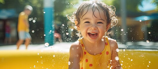 Funny Caucasian girl playing on splash pad playground, a summer water activity for kids outdoor. - obrazy, fototapety, plakaty