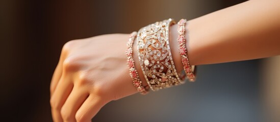 Bride wears stone-studded bracelet in morning.