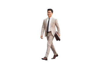 Male businessman, Asian, successful, smiling, walking, closeup. No shadows, highest details