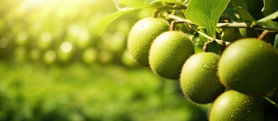 Close-up of organic kiwi fruit on a green plantation.