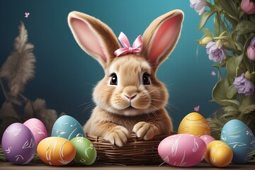 Illustration of a cute bunny surrounded by Easter Eggs
