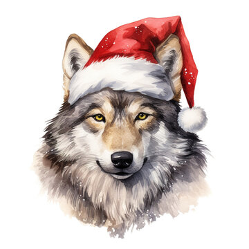 Wolf Wearing Santa Hat For Christmas Event. Watercolor Style. AI Generated