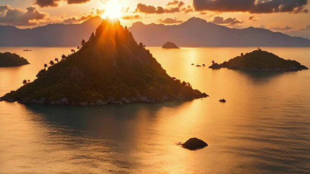 sets behind jagged peaks Turtle Archipelago, casting warm orange glow over serene waters. approach islands, notice array small, uninhabited islands dotting horizon. These 2d animation