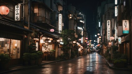 Fototapeta na wymiar Asian City Street at Night Illustration. Old Traditional Town, Classic, Retro Concept