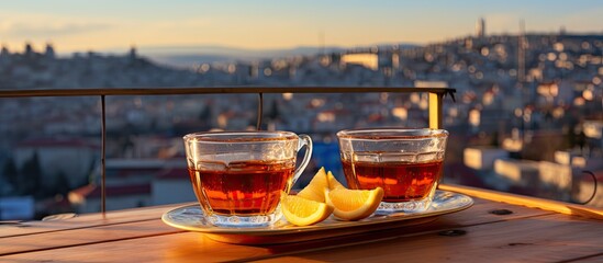 Turkish tea on rooftop fence overlooking Istanbul.