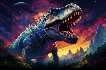 tyrannosaurus rex dinosaur with mountains and moon background