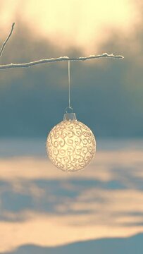 Christmas ball on tree outdoors, creative photo, new year, christmas. Selective focus
