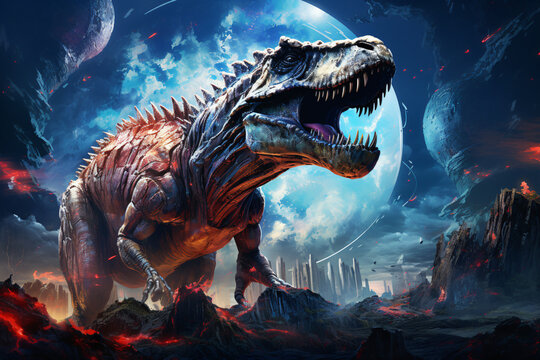 tyrannosaurus rex dinosaur in fantasy landscape