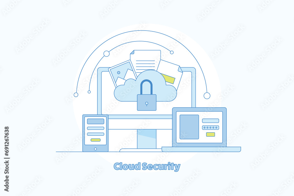 Aufkleber cloud computing online file storage cyber security conceptual filled outline vector illustration.