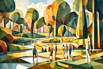 People take a stroll in the garden in 1945 cubism water color art style,wall art,abstract cubism art,printable art	
