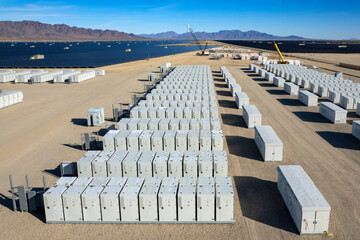 Aerial view of solar power and battery storage units in the desert