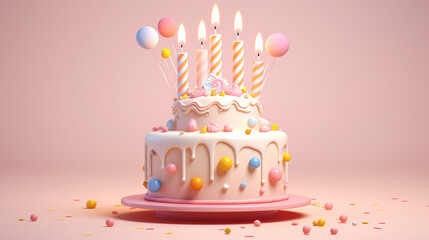 3d of birthday cake with copyspace on pastel background. Generative AI - obrazy, fototapety, plakaty