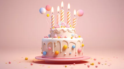 Fotobehang 3d of birthday cake with copyspace on pastel background. Generative AI © BoszyArtis